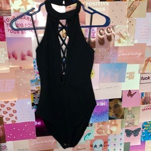 Black cutout neck backless body suit